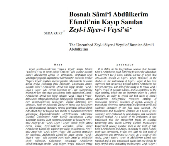 Arş. Gör. Dr. Seda Kurt'un yeni makalesi Divan Edebiyatı Araştırmaları Dergisi'nin 28. sayısında yayımlandı. 