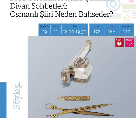Türk Dili ve Edebiyatı Bölümü Öğretim Üyesi Prof. Dr. Ahmet Atillâ ŞENTÜRK ile 29 Kasım 2023 Çarşamba gününden başlamak üzere her ayın son çarşamba günü Rami Kütüphanesinde kültür ve edebiyat sohbetleri düzenlenecektir.   ''Divan Sohbetleri: Osmanlı Şiiri Neden Bahseder?'' başlığıyla düzenlenecek etkinlikte dinleyici sayısı 100 kişiyle sınırlı olduğundan ilgilenenlerin önceden yer ayırtmaları gerekmektedir.