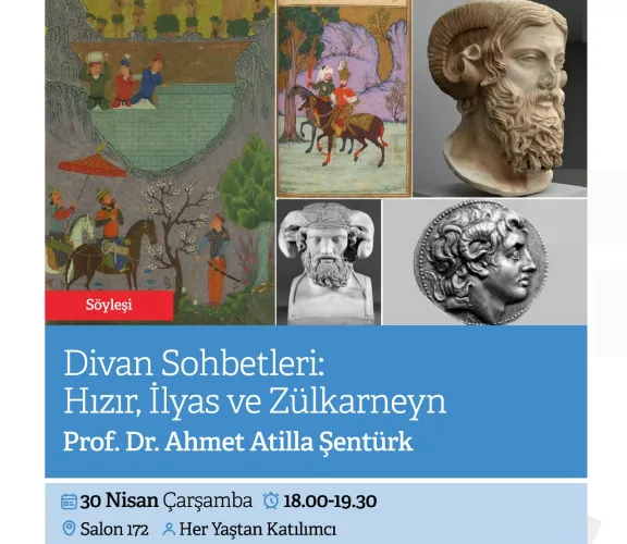 Prof. Dr. Ahmet Atillâ ŞENTÜRK ile Rami Kütüphanesinde düzenlenen "Divan Sohbetleri" söyleşi serisi devam ediyor. 30 Nisan 2025 Çarşamba günü 18.00-19.30 saatleri arasında gerçekleştirilecek olan söyleşinin konu başlığı "Hızır, İlyas ve Zülkarneyn" şeklindedir.  Rezervasyon, Rami Kütüphanesinin web sayfasından yapılmalıdır: https://ramikutuphanesi.gov.tr/tr/etkinlikler/tum-etkinlikler/90fbcfb2-95f9-4804-ad07-c59a8d1fed54