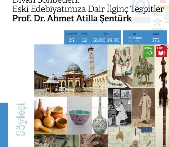 Türk Dili ve Edebiyatı Bölümü Öğretim Üyesi Prof. Dr. Ahmet Atillâ ŞENTÜRK'ün konuşmacı olduğu ''Divan Sohbetleri'' söyleşi serisi Rami Kütüphanesinde devam ediyor. 25 Aralık 2024 Çarşamba günü gerçekleştirilecek olan söyleşinin konu başlığı "Eski Edebiyatımıza Dair İlginç Tespitler" şeklindedir.